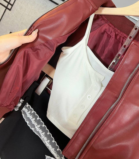 Stripes Crop PU Leather Jacket